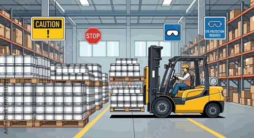 A forklift operator handles pallets in a warehouse loading bay with shelves.