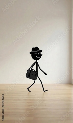 Stickman Businessman with Briefcase and Fedora Hat Walking in Empty Room