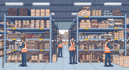 Workers in warehouse storing boxes on shelves with colleagues nearby