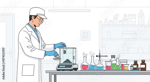 Scientist in lab coat measuring substances on scale with various equipment