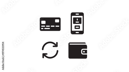Mobile Payment Icons with Credit Card Wallet and Phone for E-commerce and Financial Transaction Design