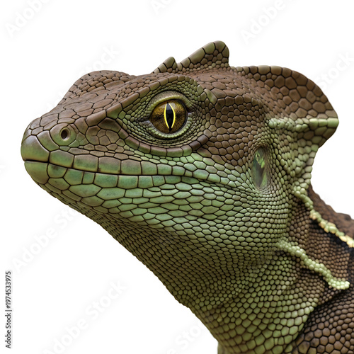 Detailed close-up of a green lizard's head, highlighting its unique scales and bright yellow eye, isolated on white