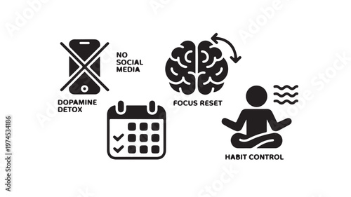 Digital Detox Icons for Mental Health Self-Care Mindfulness and Technology Addiction Recovery Concept
