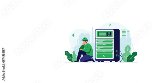 Industrial worker in green uniform and helmet looking at a large technological machine or server in a factory or data center setting.