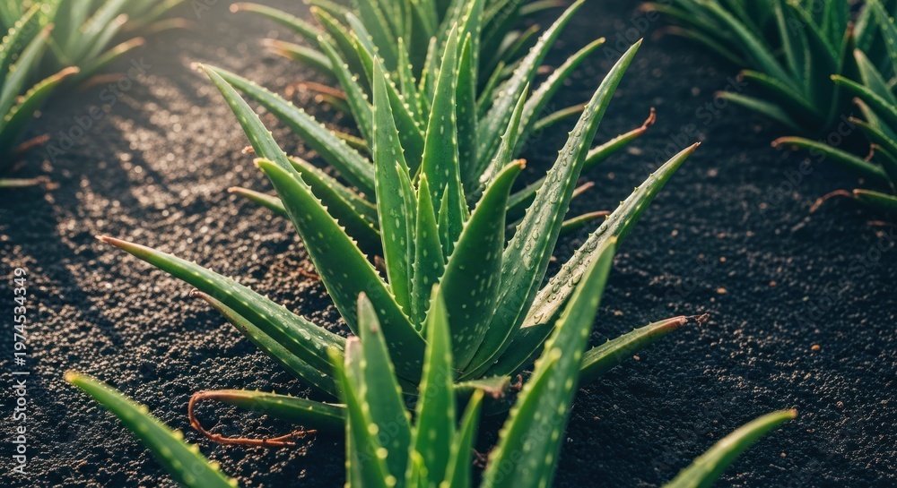 Obraz premium Close-up of rows of green succulent plants thriving in dark soil