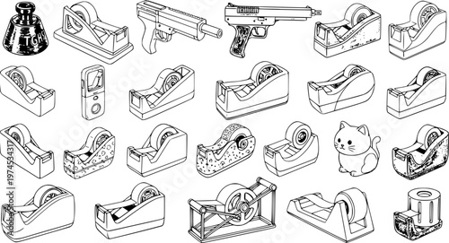 Black and White Line Art of Various Tape Dispensers, Gun, Inkwell, and Cat