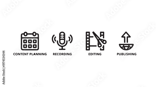 Content Creation Workflow Icons for Social Media Marketing Strategy and Video Production Steps