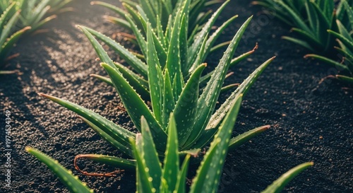Close-up of rows of green succulent plants thriving in dark soil