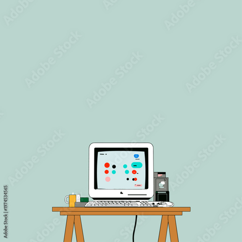 Retro Computer Monitor Displaying Neon UI Elements on Wooden Desk