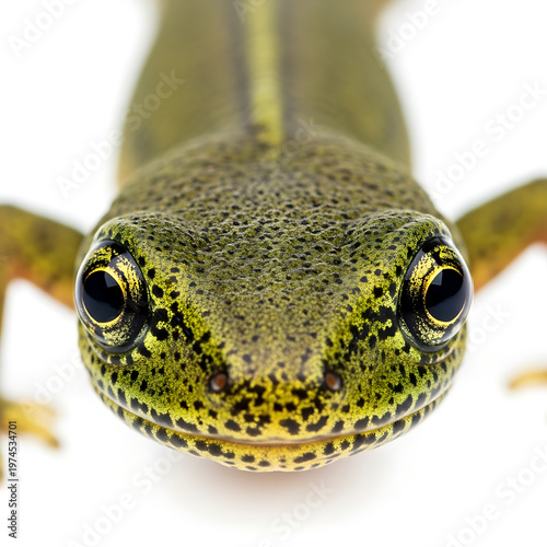 Close-up of a green newt's head with black eyes and yellow spots