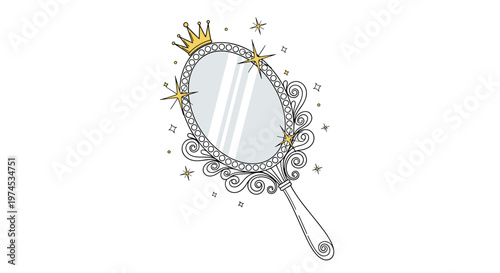 Elegant oval hand mirror decorated with a golden crown and sparkling stars isolated on a white background for vanity decoration.