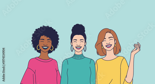 Diverse women smiling together, celebrating friendship and unity, colorful clothing, light blue background