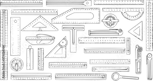 Black and White Line Art Illustration of Various Measuring Tools and Rulers for Engineering and Design