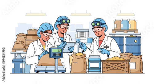 Workers in lab coats weigh and package goods on industrial scales and conveyors in a factory setting with colleagues.