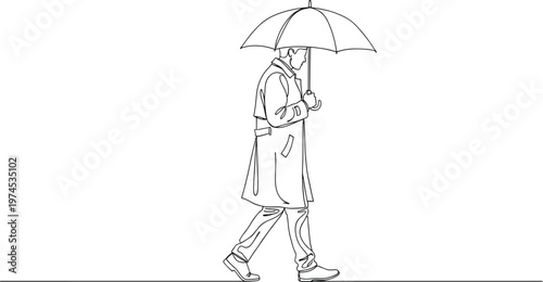 Walking figure in rain holding umbrella, minimalist black-and-white line art illustration of everyday motion, modern clean silhouette profile drawing
