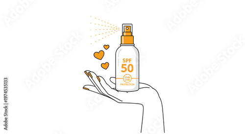 Hand holding a white bottle of spf 50 sunscreen spray with yellow hearts and sun protection symbols on white background.