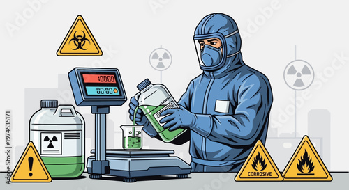 A scientist in a hazmat suit carefully pours a green liquid into a beaker on a lab scale amidst hazardous warning signs.