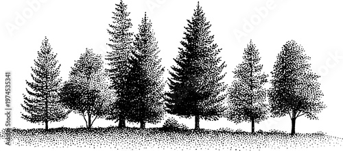 Row of trees standing on dotted ground stipple illustration