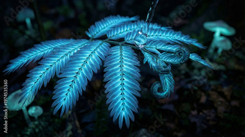 Blue glowing fern leaf with mushrooms in dark forest setting  