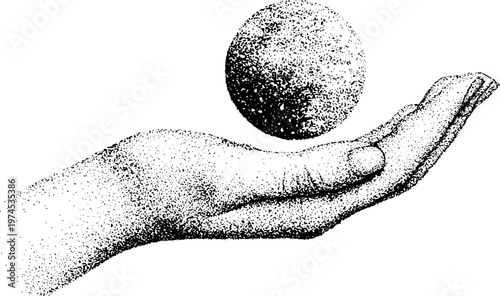 Open palm supporting hovering textured sphere on white background