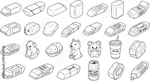 Black and White Line Art Doodle Set of Education and Art Stationery Erasers. Collection includes traditional, gum, novelty, and animal-shaped rubber erasers.