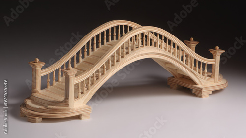 Elegant wooden bridge model with precise joinery on plain background. real-estate listings, architecture portfolios, designed for architectural facade and classical detail presentations.