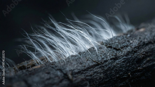 Fuzzy white strands on dark background of charred wood  