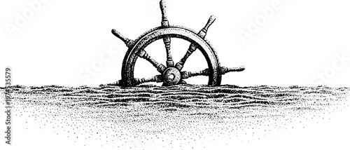 Ship helm emerging from rippled sea surface at horizon