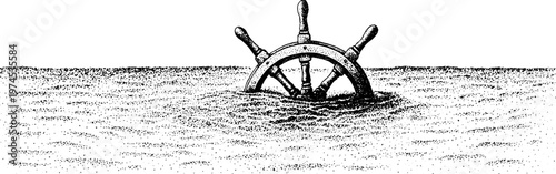 Ship wheel partially submerged in calm open sea horizon