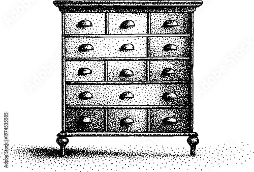 Antique wooden chest of drawers standing on plain floor