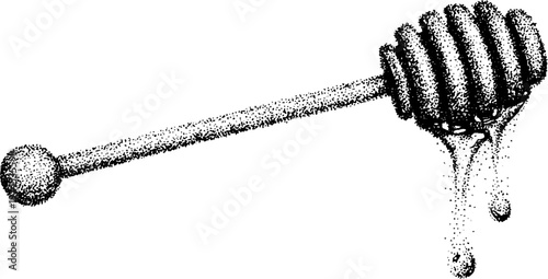 Wooden honey dipper dripping honey over white background