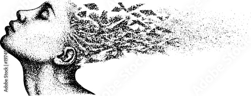 Young woman with hair dissolving into flock of birds