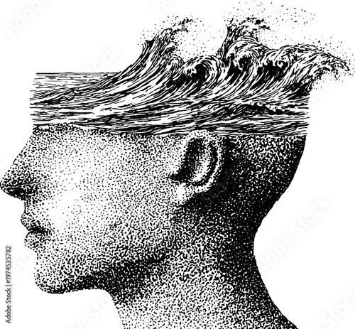 Human head with ocean waves replacing top conceptual seascape