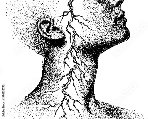 Human profile with branching cracks descending along neck