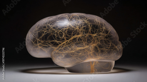 Translucent glass brain sculpture with glowing golden filaments inside. product launch decks, UI/UX mockups, designed for product launches and innovation pitches, used by copywriters.