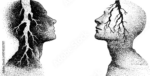 Two human profiles with branching cracks facing each other