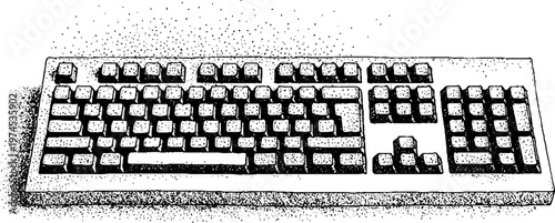 Computer keyboard resting on flat surface with white background