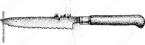 Serrated kitchen knife lying still on plain white background