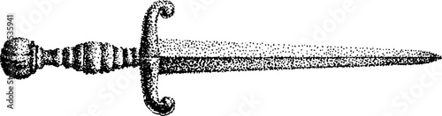 Medieval dagger lying horizontally on plain white background