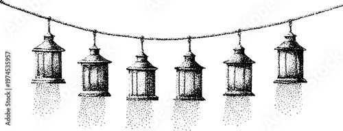 Row of hanging lanterns suspended on cord in blank space