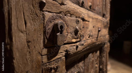 Close-up of a weathered wooden door with a forced lock and tool marks. real-estate listings, architecture portfolios, designed for architectural facade and classical detail presentations.