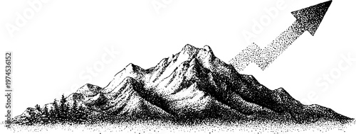 Mountain range with upward arrow emerging from sparse landscape