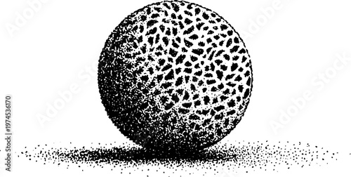 Pitted spherical ball resting on shadowed white surface