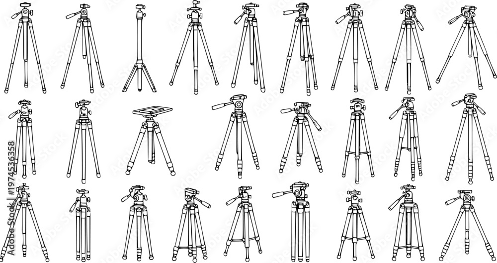 Fototapeta premium Black and White Line Art Vector Illustration of Various Camera Tripod Designs