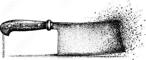 Meat cleaver disintegrating with scattered particles on white