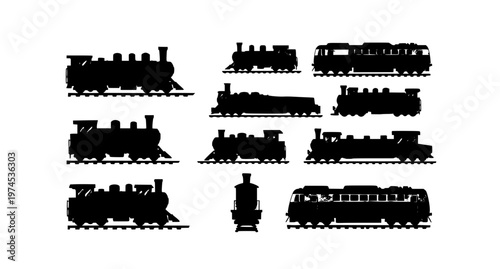 Cute cartoon train engine vector icon set with steam and modern locomotive collection isolated on white