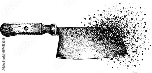 Butcher cleaver breaking apart into dispersed dots on white