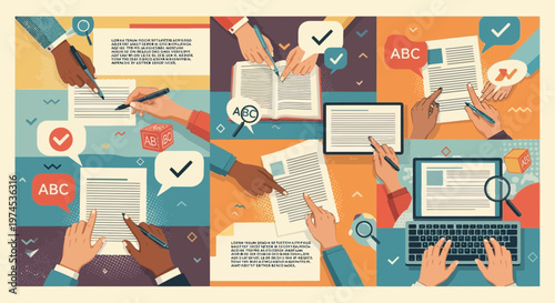 Document Review and Editing Process: Hands Signing, Checking, and Typing