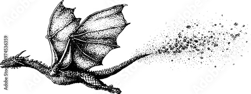 Dragon flying and trailing dispersing particles on plain background