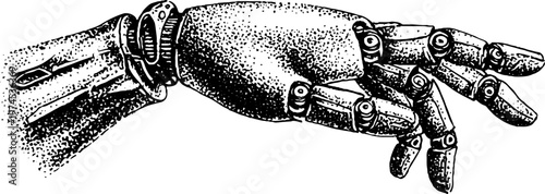 Mechanical prosthetic hand articulated and extended on white